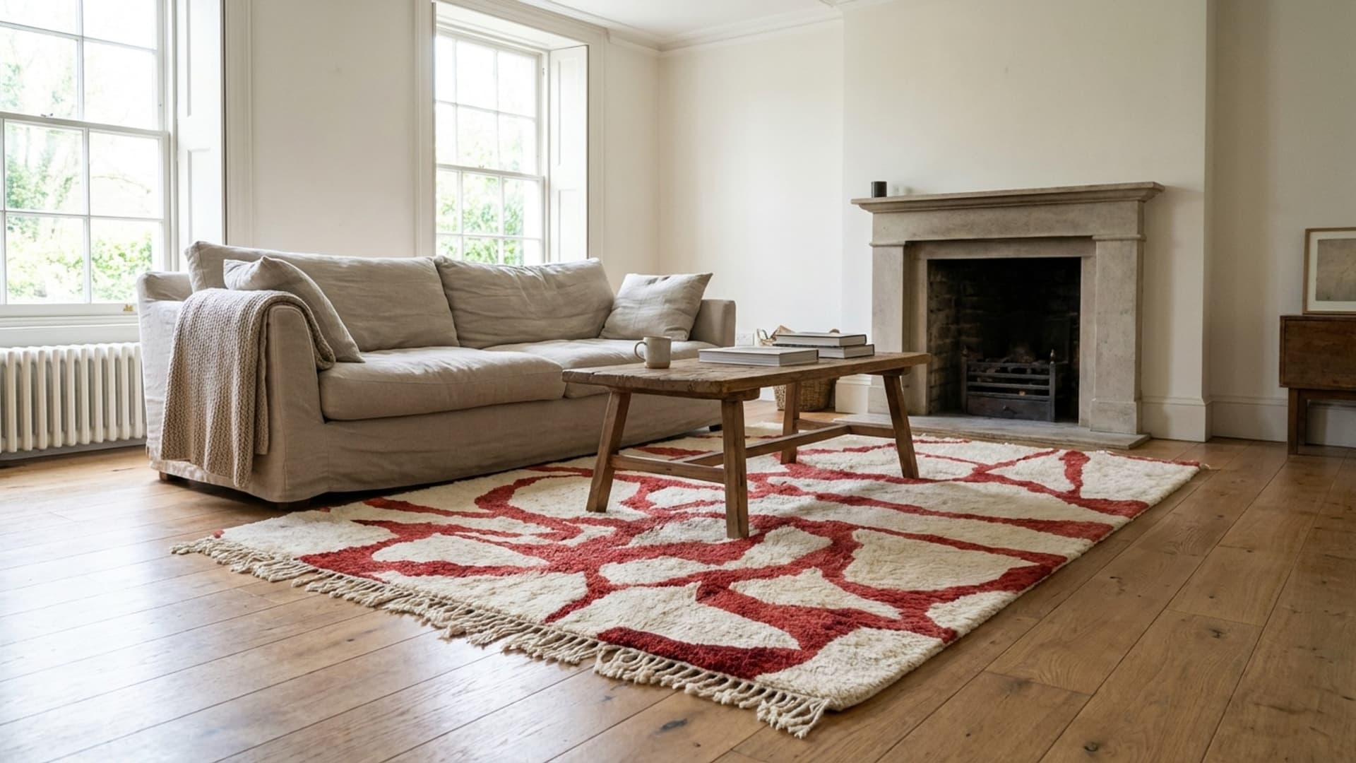Alfombra Marroquí Hecha a Mano de Lana 7x10 - Crema Marfil con Terracota Rojo Moderno Boho Alfombra para Sala de Estar Dormitorio