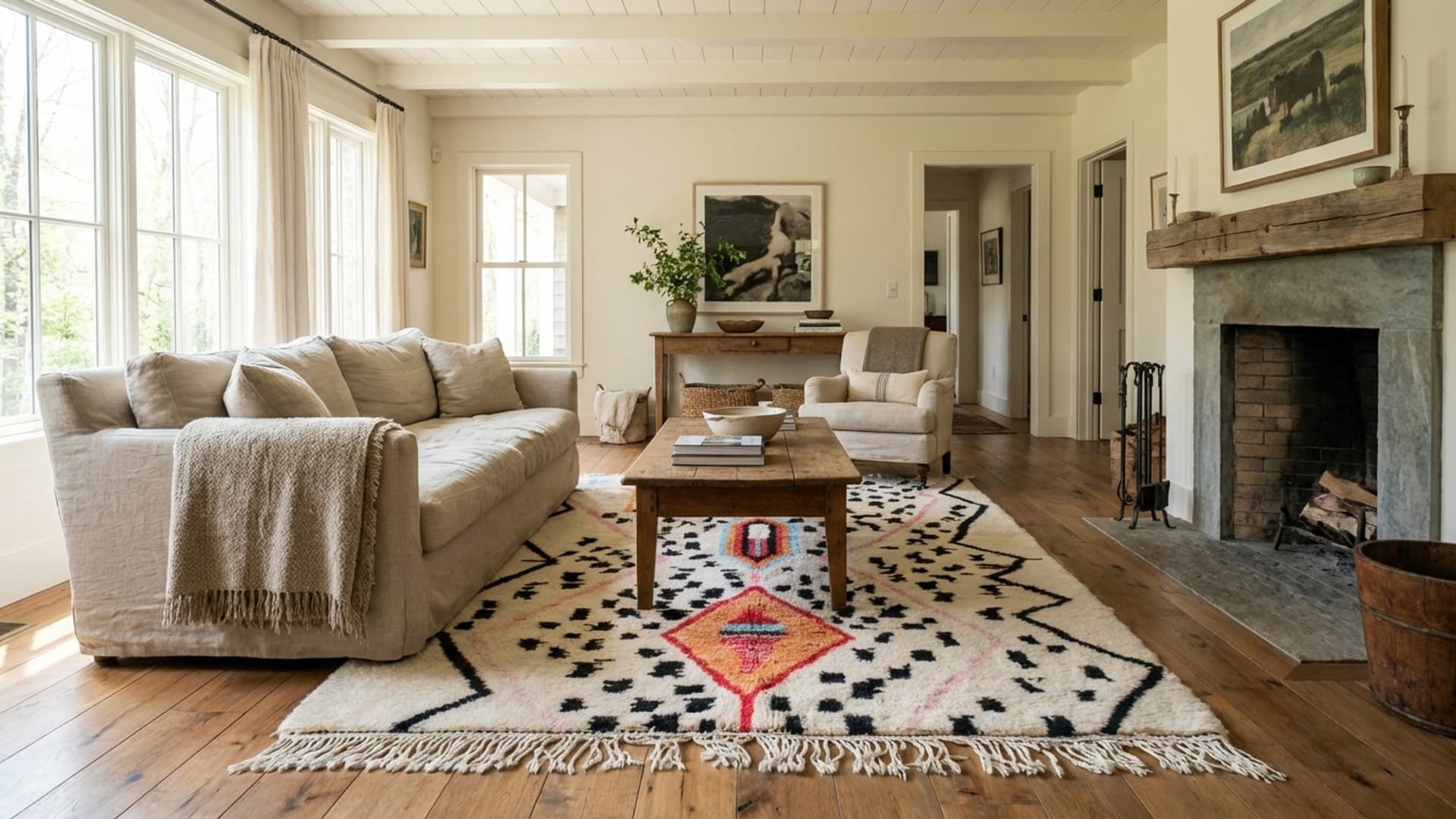 Marokkanischer Teppich handgefertigt aus Wolle 6x9 - Elfenbein Schwarz Weiß Moderner Boho Teppich für Wohnzimmer Schlafzimmer Berber