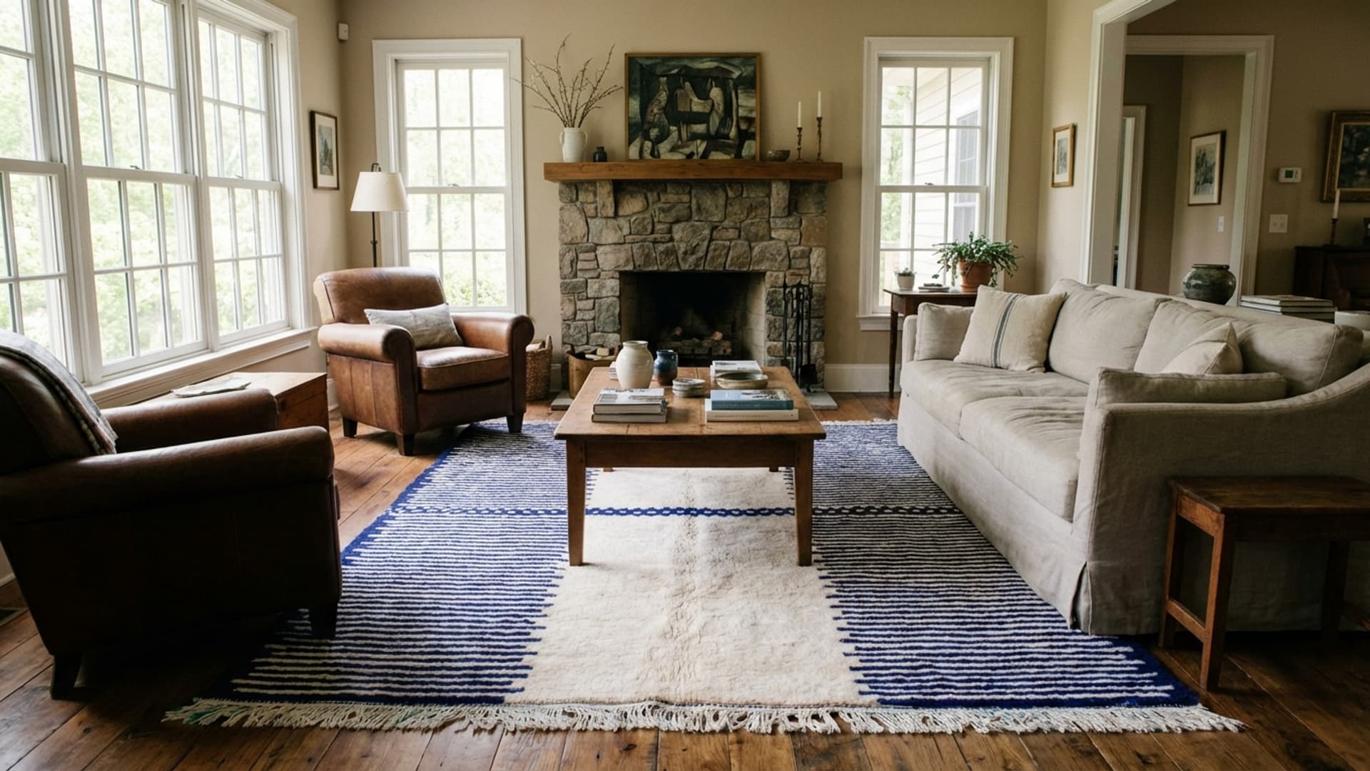 Tapis Marocain Fait Main en Laine 7x10 - Tapis de Zone Abstrait Ivoire Bleu pour Salon, Tapis de Chambre Minimaliste Moderne Berbère