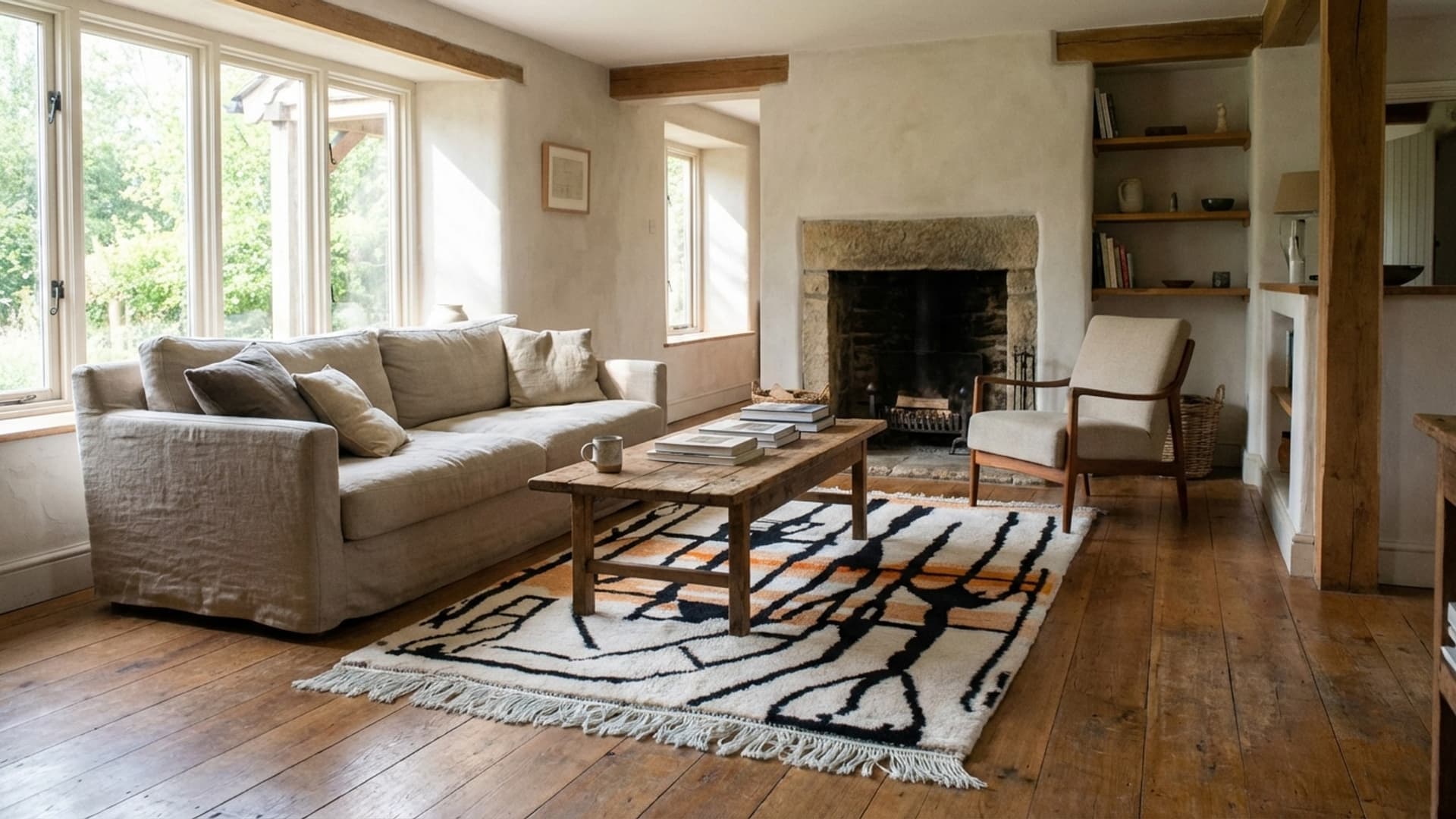 سجادة مغربية مصنوعة يدويًا من الصوف 7x10 - سجادة بوهو عصرية باللونين العاجي والأسود لغرفة المعيشة وغرفة النوم - أمازيغ