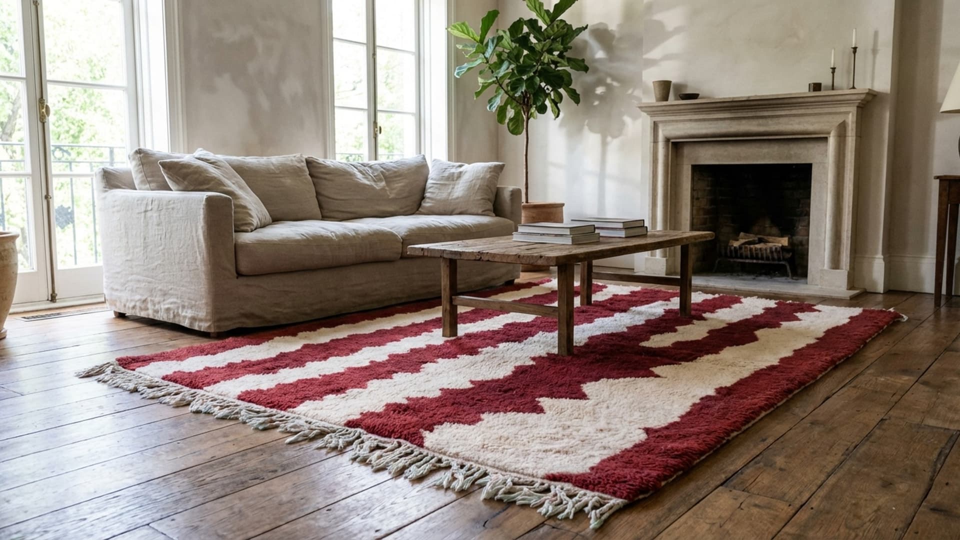 Alfombra Marroquí Hecha a Mano de Lana 7x10 - Alfombra Abstracta Burdeos y Marfil para Sala de Estar, Alfombra Moderna Boho para Dormitorio