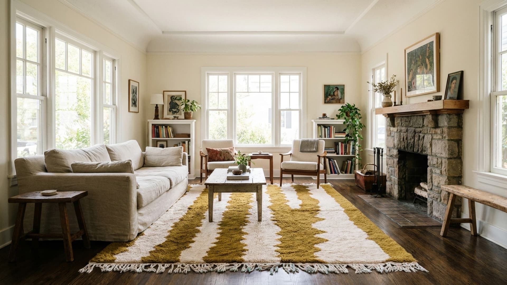 Marokkanischer Teppich Handgefertigt Wolle 7x10 - Neutral Elfenbein Olive Abstrakter Teppich für Wohnzimmer Schlafzimmer Moderner Boho