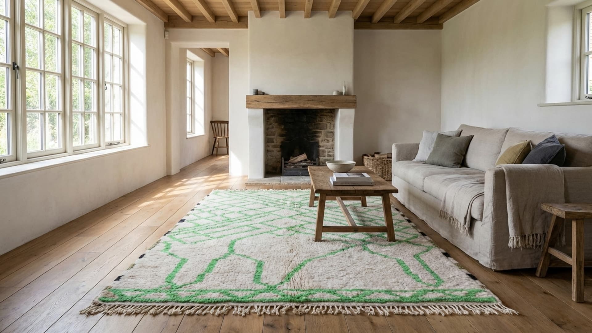 Alfombra Marroquí Hecha a Mano de Lana 7x10 - Alfombra de Área Abstracta en Marfil Verde para Sala de Estar Dormitorio - Berber