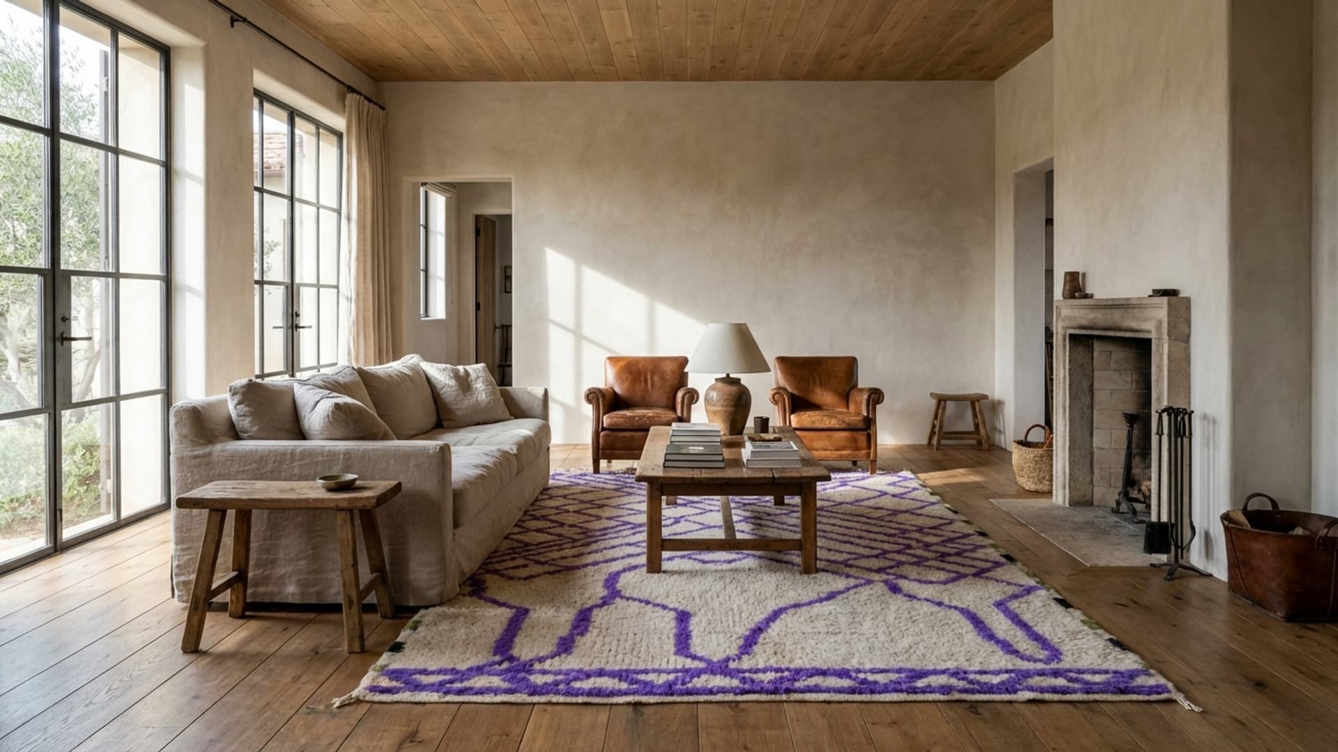 Alfombra Marroquí Hecha a Mano de Lana 7x10 - Alfombra de Área Abstracta en Marfil Púrpura, Alfombra Moderna Boho para Sala de Estar, Estilo Berber