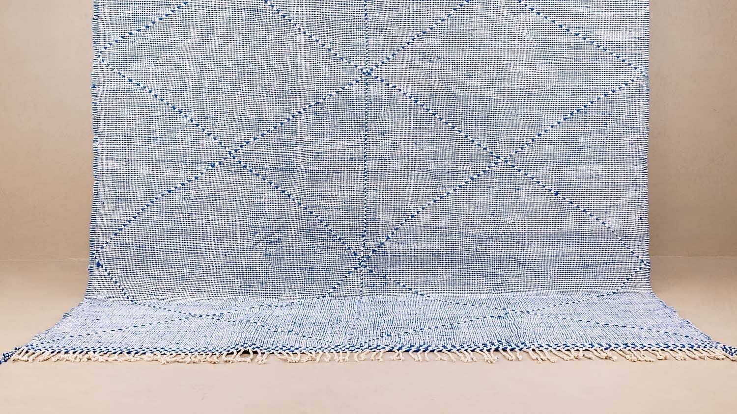 Moroccan Rug Handmade Wool - Blue Ivory Neutral Minimalist Boho Area Rug for Living Room Bedroom - Kilim Taznakht