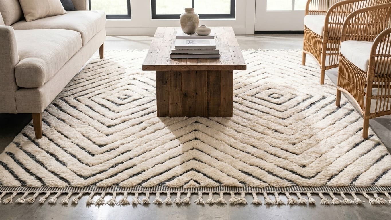 Moroccan Rug Handmade Wool - Ivory Black Modern Boho Area Rug for Living Room Bedroom - Beni Mrirt