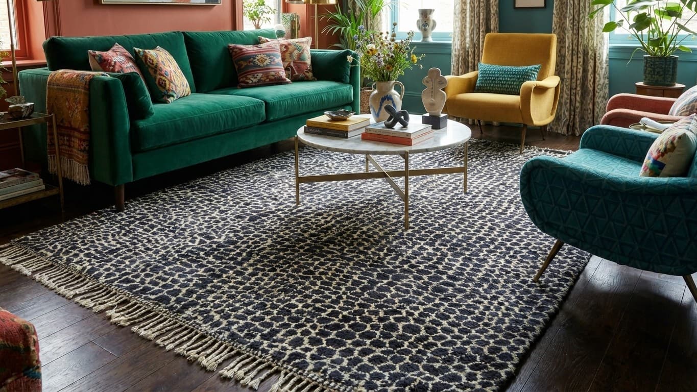 Moroccan Rug Handmade Wool - Black Ivory Leopard Neutral Modern Boho Area Rug for Living Room Bedroom Beni Mrirt