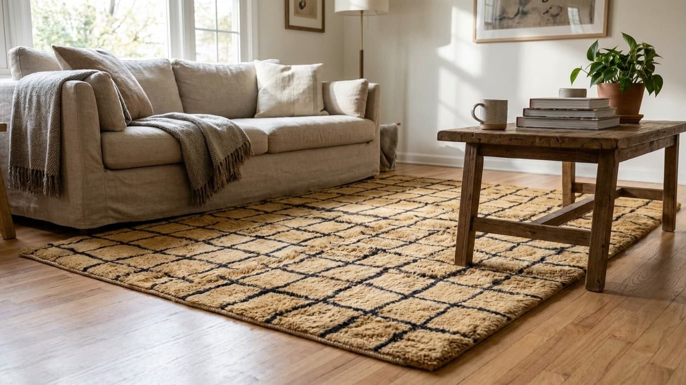 Handmade Wool Rug Checkered Custom Size Boho Living Room