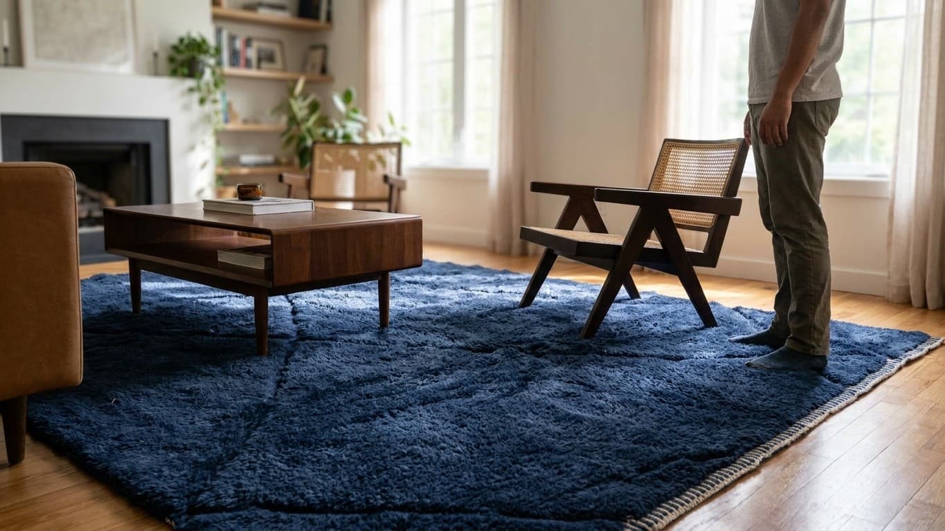 Moroccan Rug Handmade Wool - Navy Blue Modern Minimalist Area Rug for Living Room Bedroom - Beni Mrirt