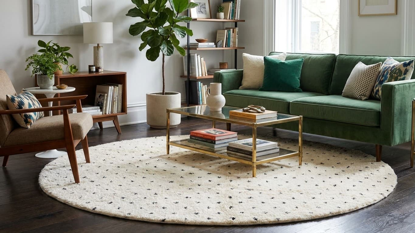 Moroccan Rug Handmade Wool 8ft Round - Ivory Black Minimalist Boho Area Rug for Living Room Bedroom - Beni Ourain