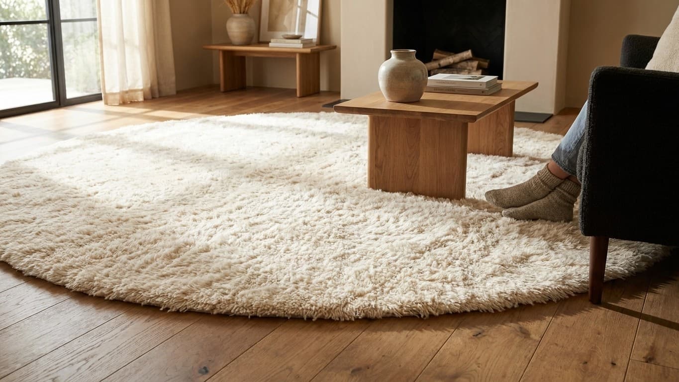 Moroccan Rug Handmade Wool Round - Ivory Neutral Plush Boho Area Rug for Living Room Bedroom Beni Mrirt