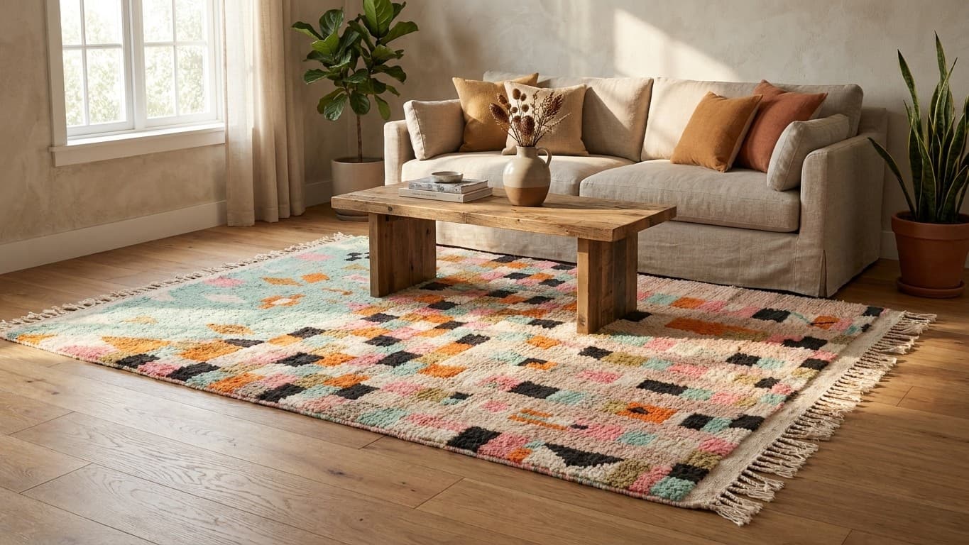 Handmade Wool Boujad Rug Custom Size Boho Living Room Decor