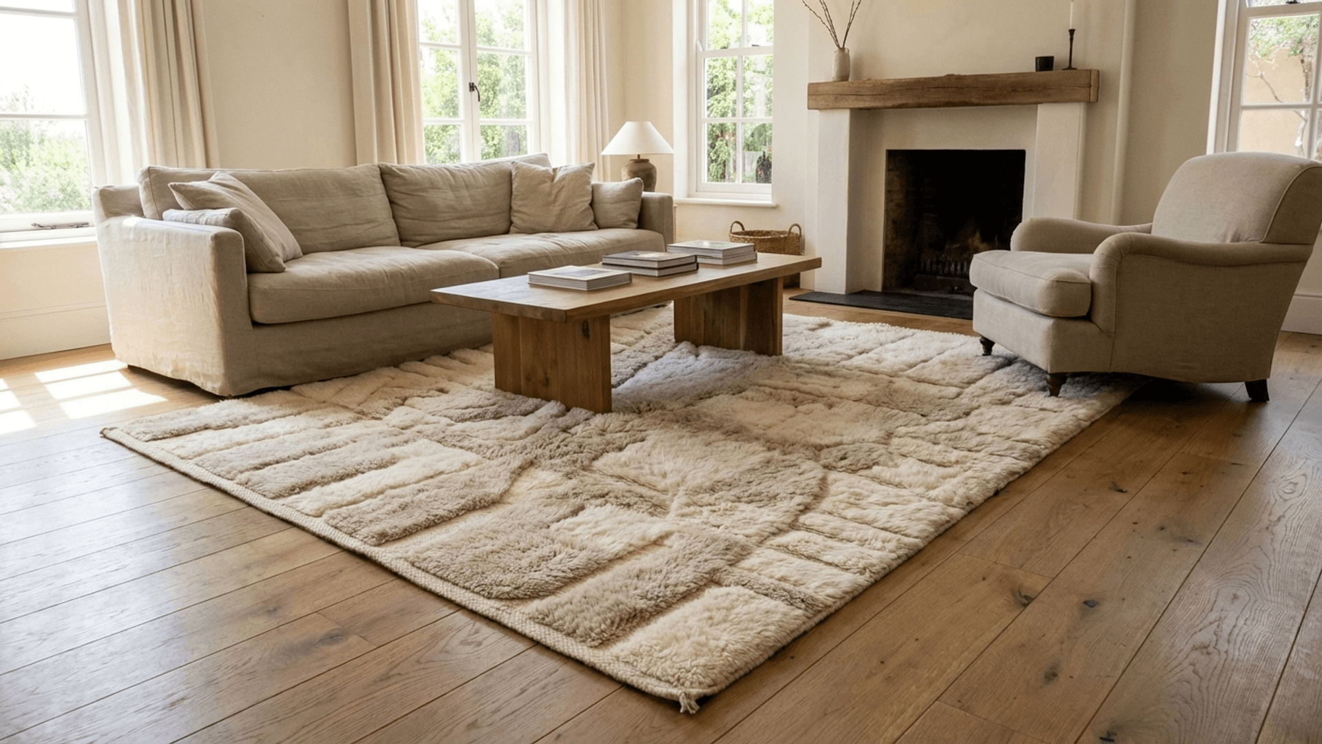 Alfombra Marroquí Mrirt 7x10 Lana Crema Marfil Minimalista Alfombra Berber para Sala