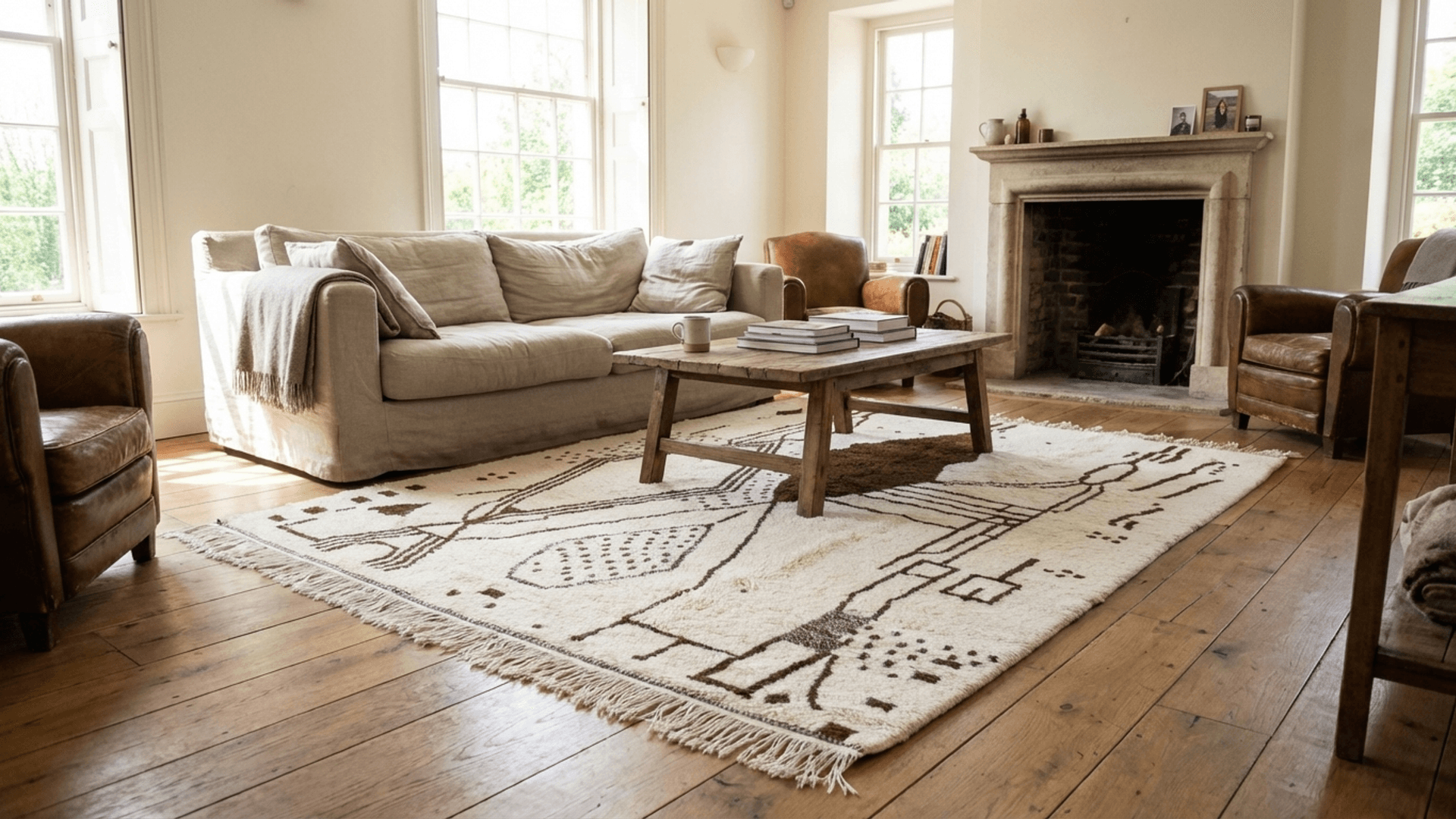 Ivory Brown Abstract Beni Ourain Rug