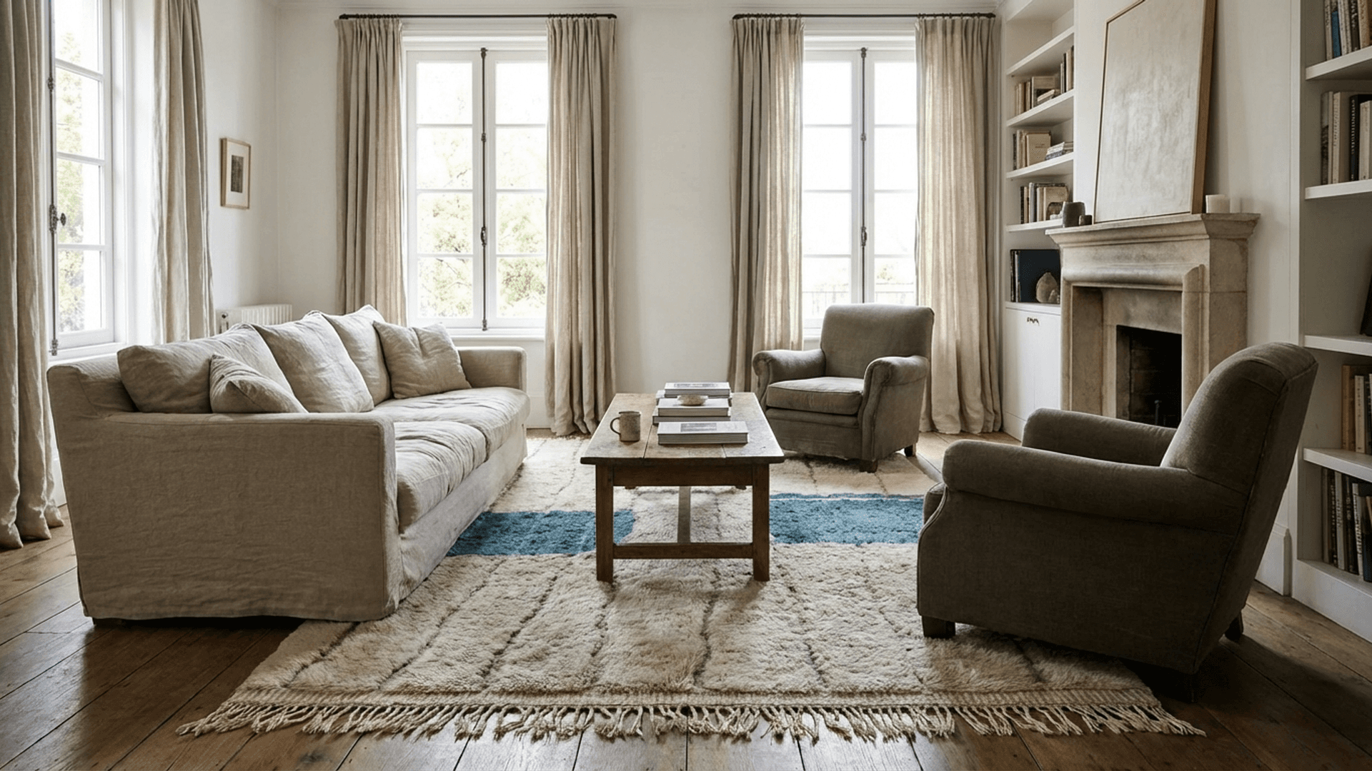 Ivory Blue Block Beni Ourain Rug