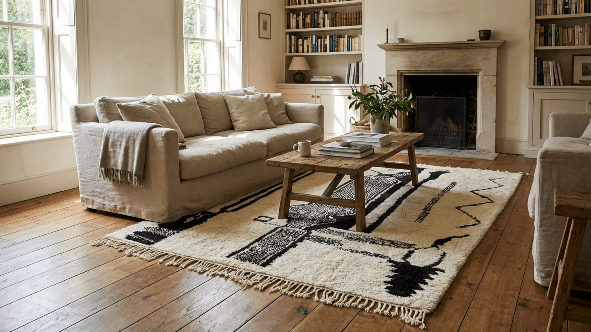 Ivory Abstract Line Beni Ourain Rug
