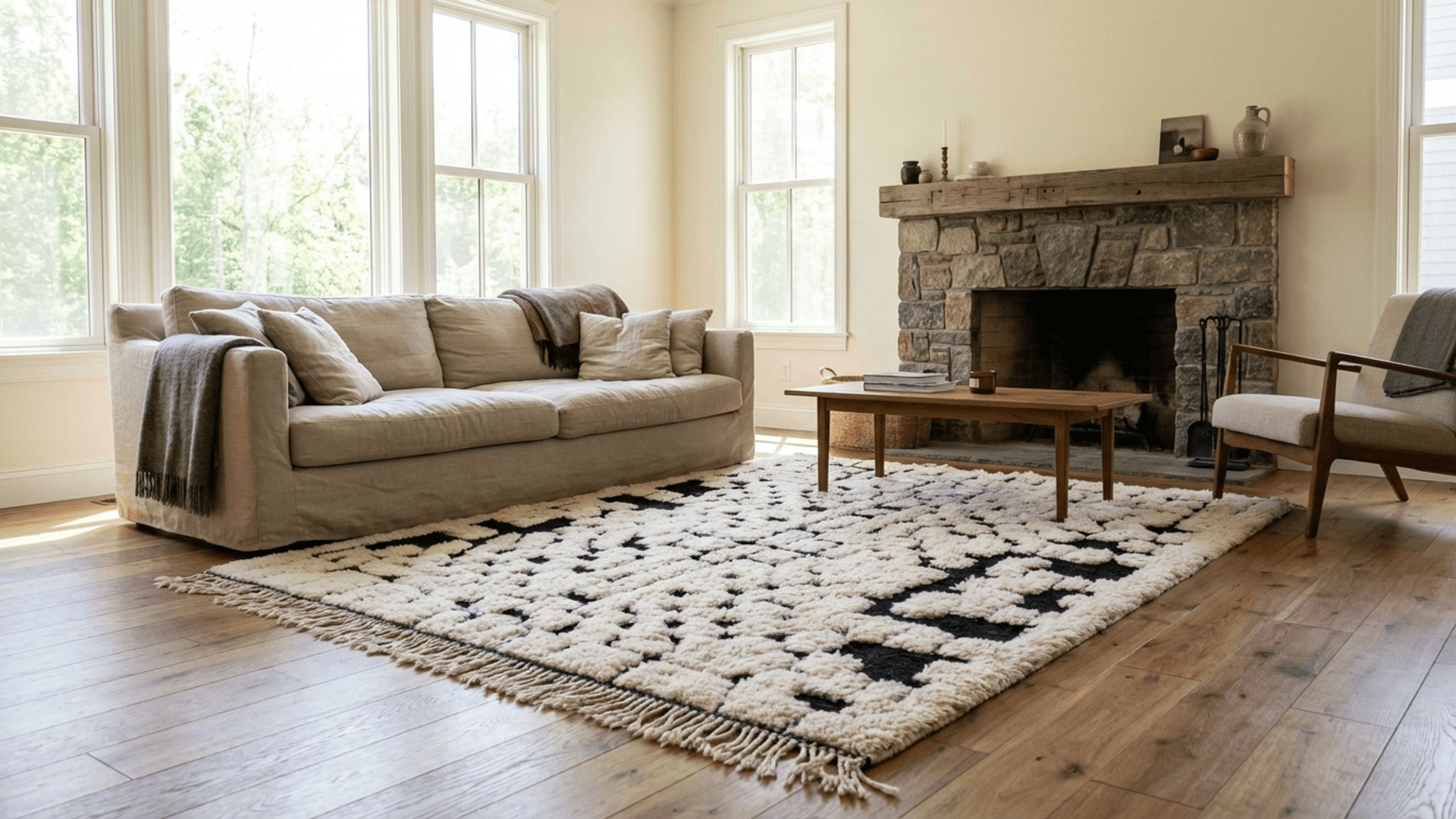 Ivory Black Geometric Beni Ourain Rug