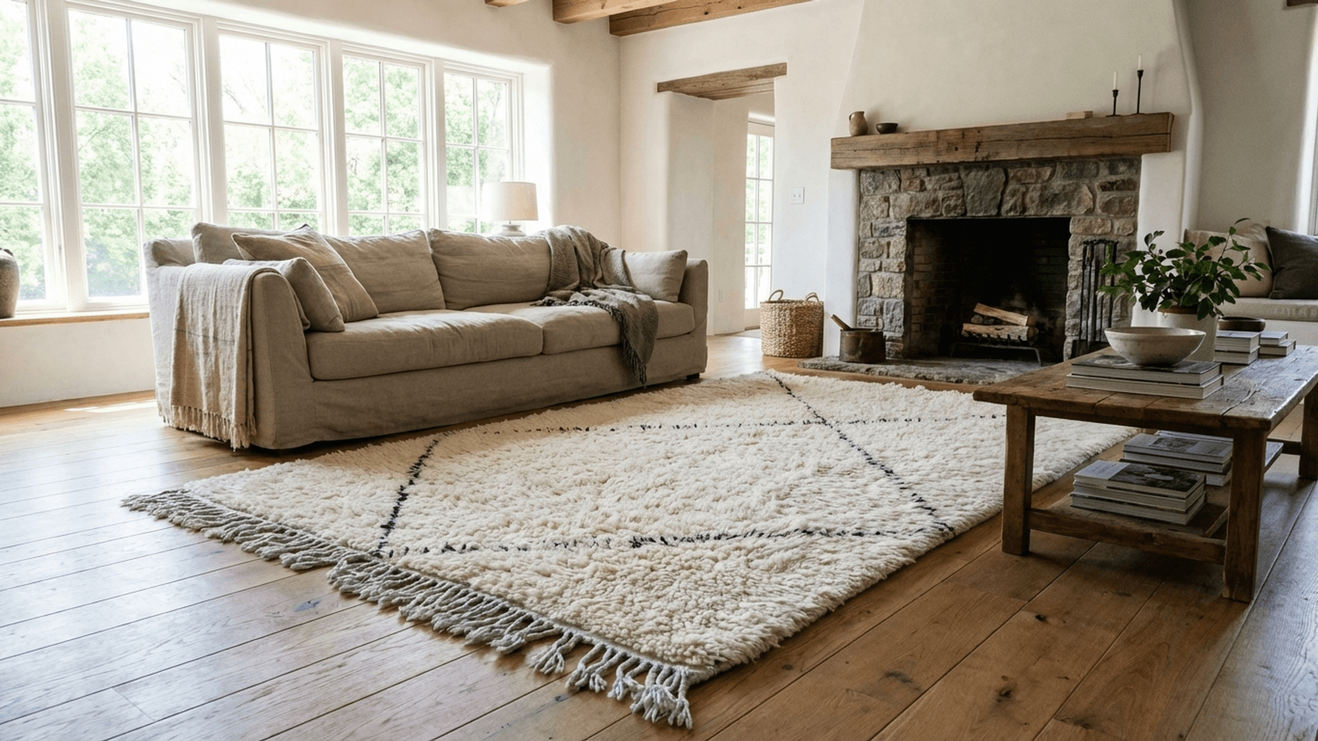 Ivory Diamond Line Beni Ourain Rug