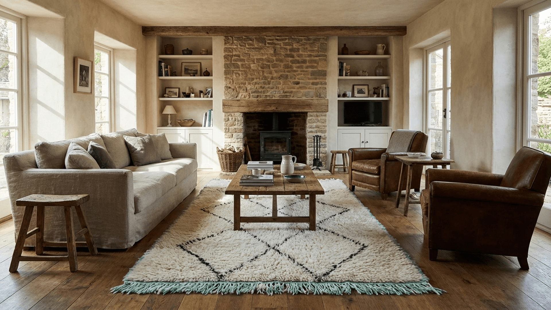 Ivory Diamond Fringe Beni Ourain Rug
