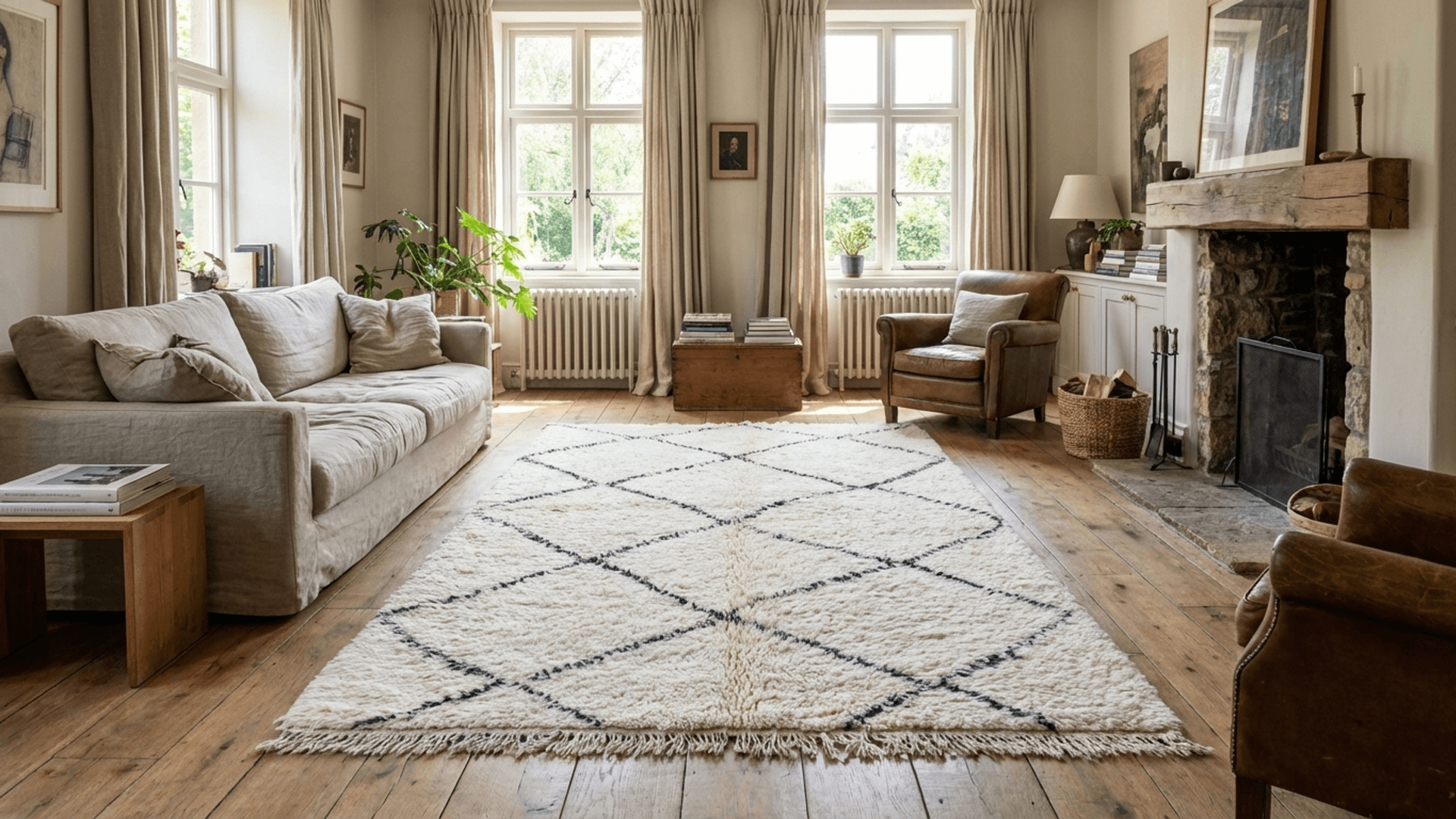Ivory Diamond Grid Beni Ourain Rug