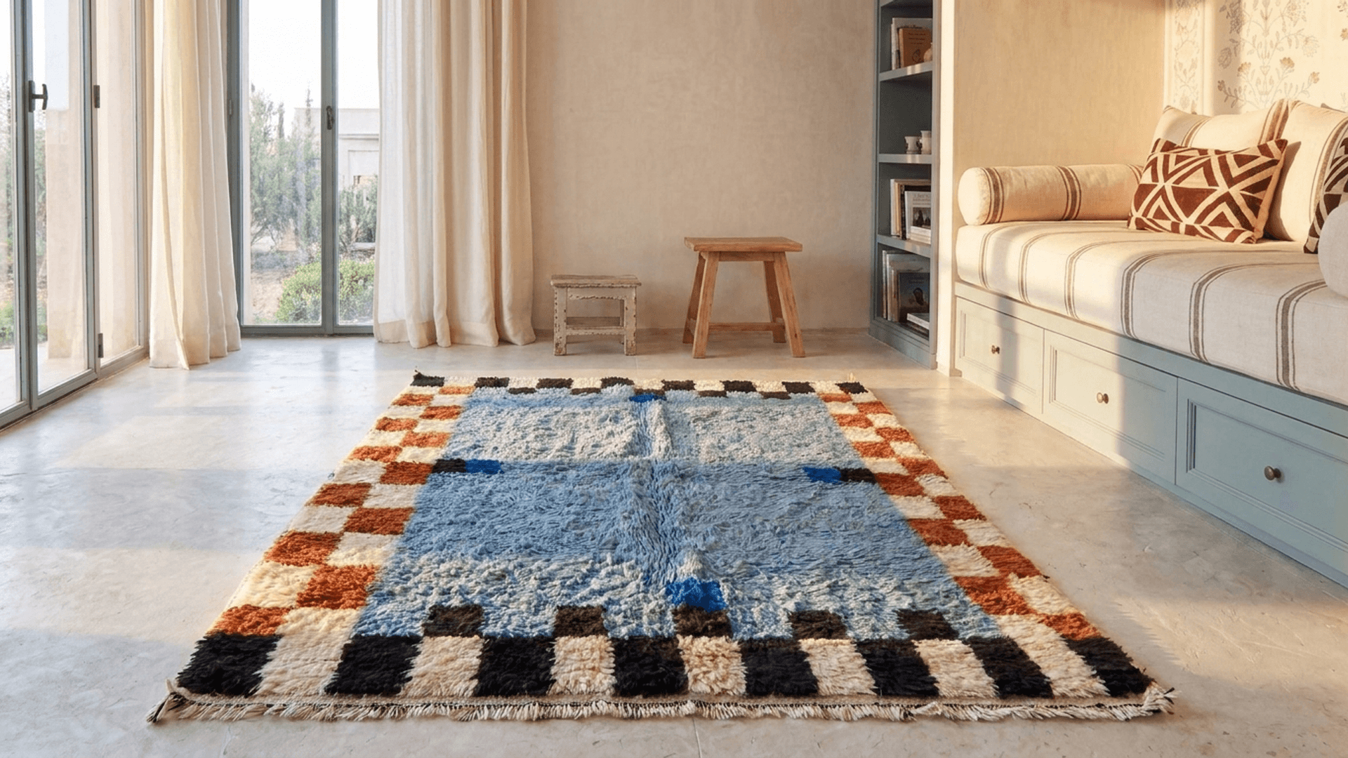 Blue Checkered Border Rug