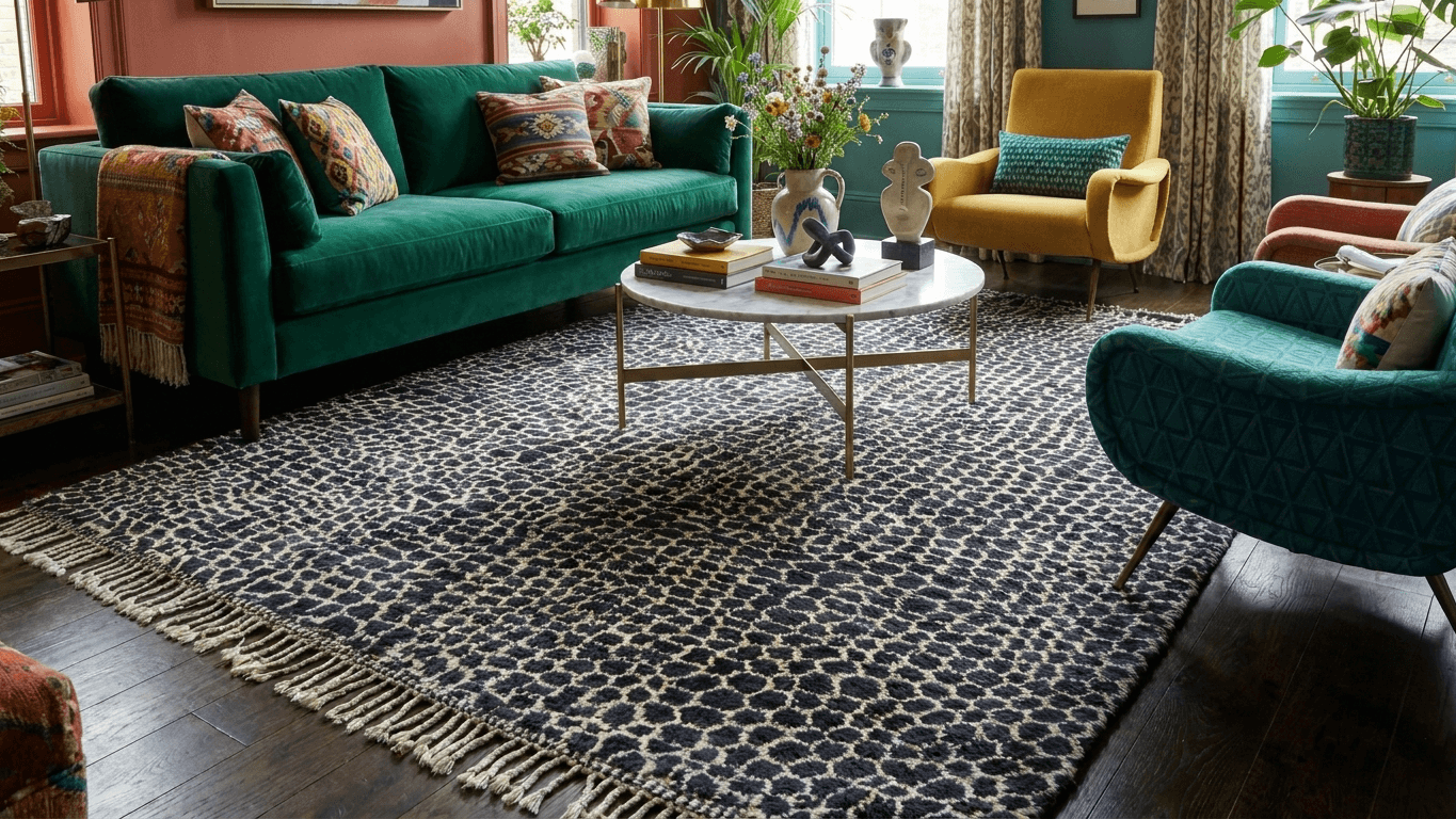 Moroccan Rug Handmade Wool - Black Ivory Leopard Neutral Modern Boho Area Rug for Living Room Bedroom Beni Mrirt