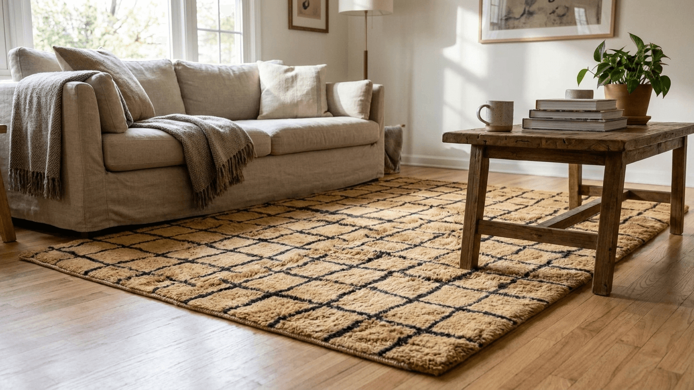 Handmade Wool Rug Checkered Custom Size Boho Living Room