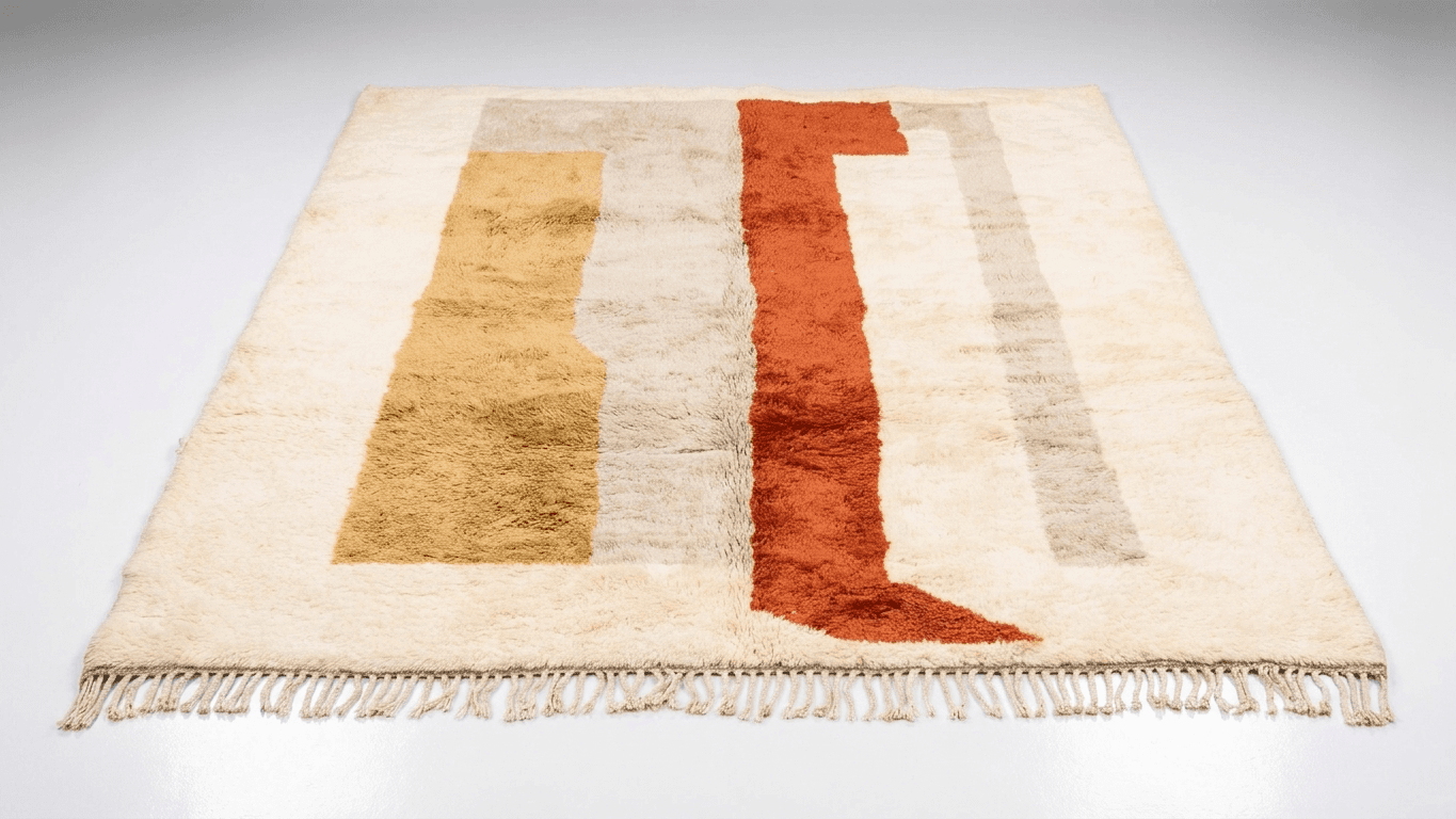 Moroccan Rug Handmade Wool- Neutral Ivory Cream Rust Modern Boho Area Rug for Living Room Bedroom Beni Mrirt