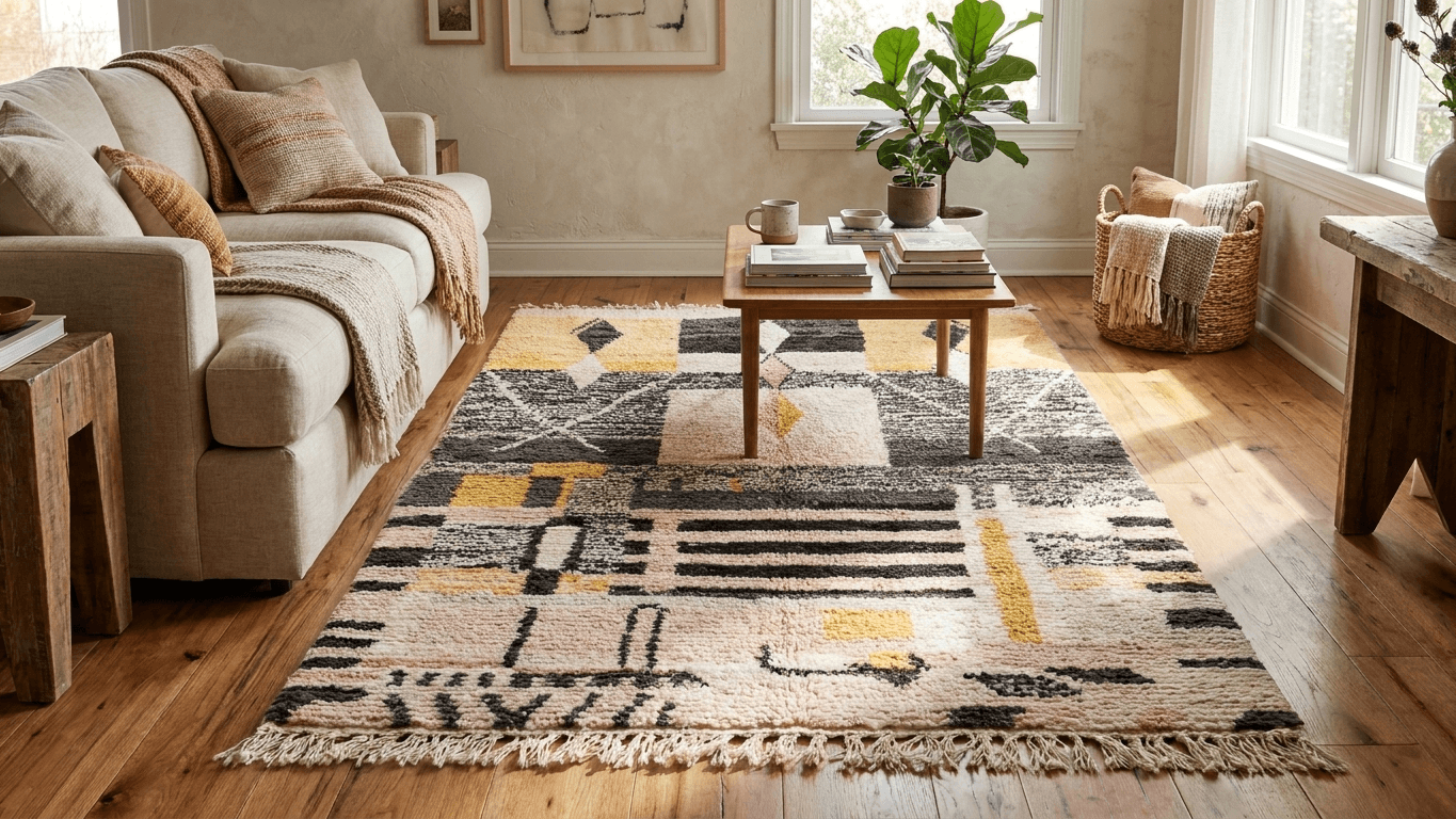 Handmade Wool Boujad Rug Custom Size Boho Living Room