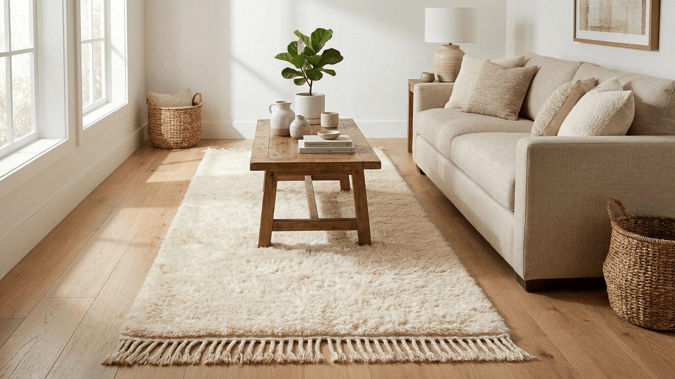 Moroccan Rug Handmade Wool - Ivory Neutral Runner Boho Minimalist Area Rug for Bedroom Hallway Beni Mrirt