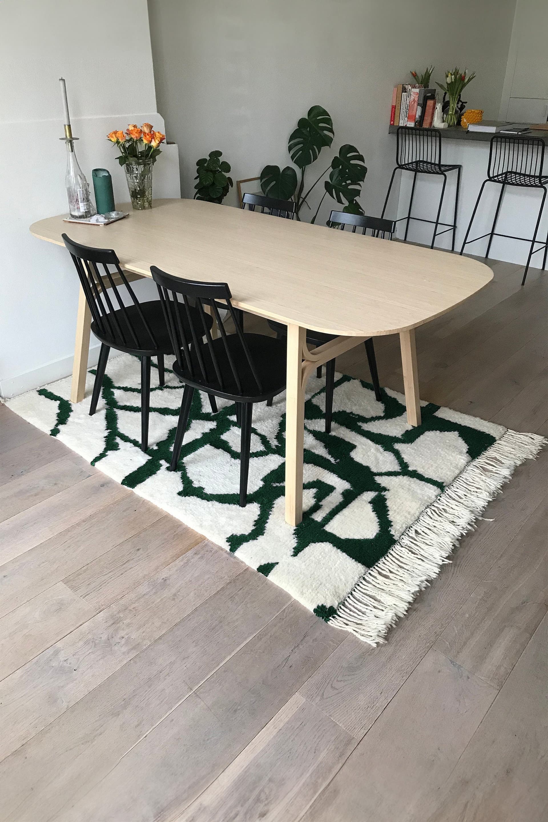Alfombra Marroquí Hecha a Mano de Lana Tamaño Personalizado - Crema Marfil con Verde Moderno Boho Alfombra para Sala de Estar Dormitorio - Mrirt