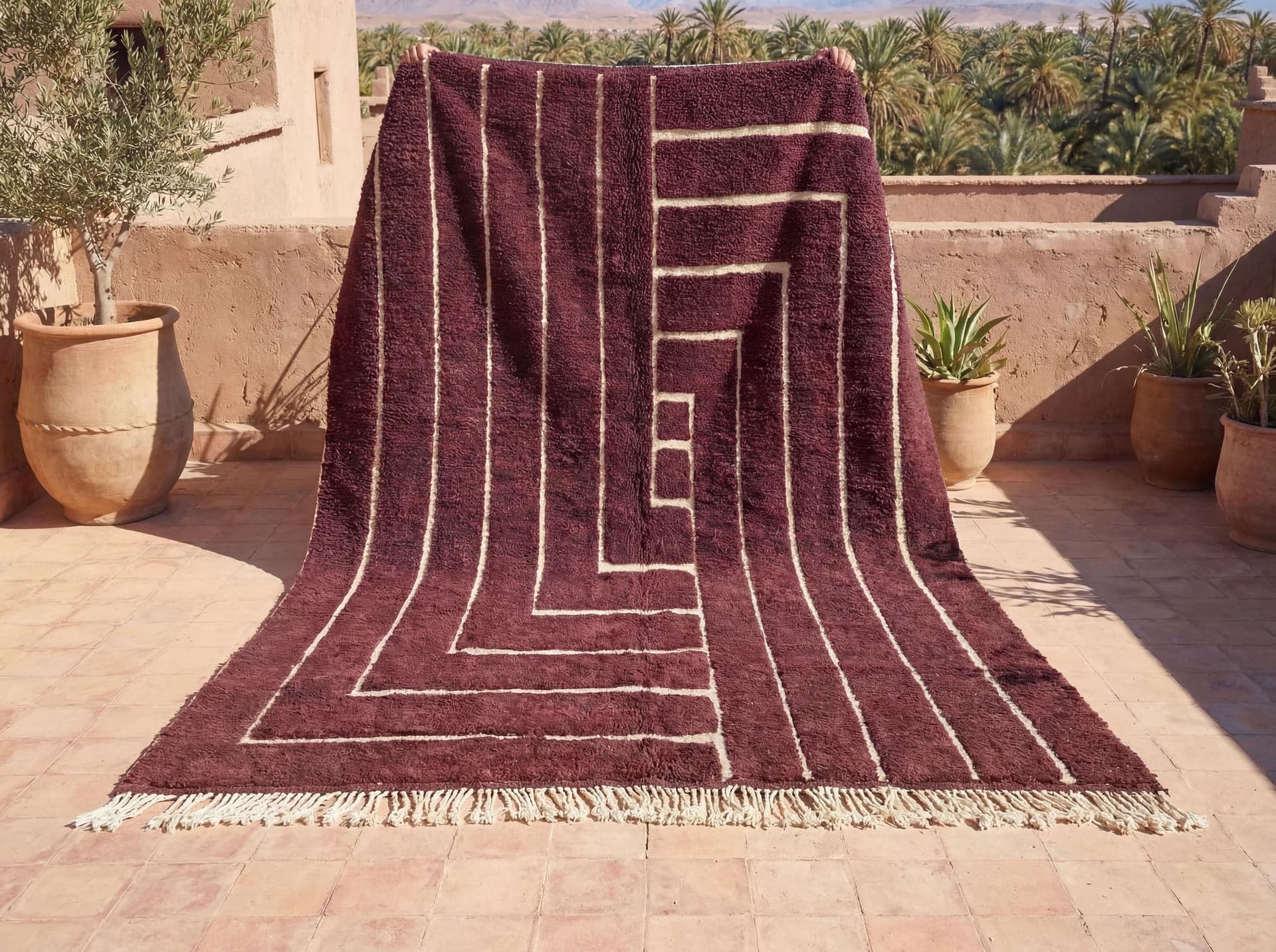Beni Ourain Wool Rug soft high pile Burgundy with Ivory flat woven pattern