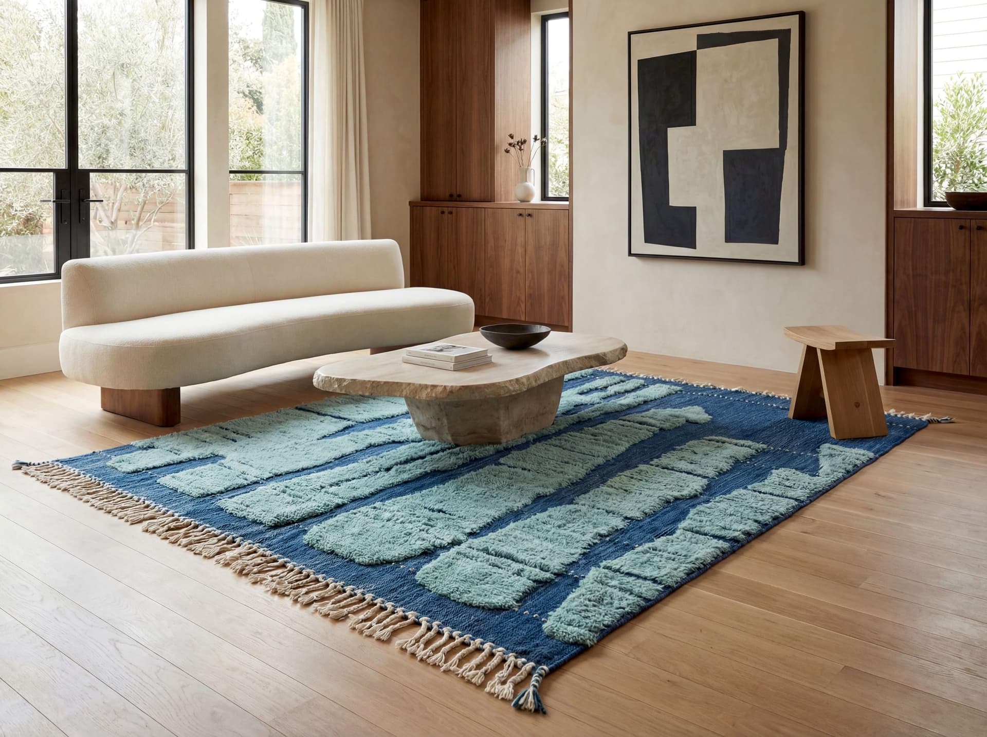 Blue Textured Bohemian Rug – Handmade Custom Moroccan Wool Area Rug
