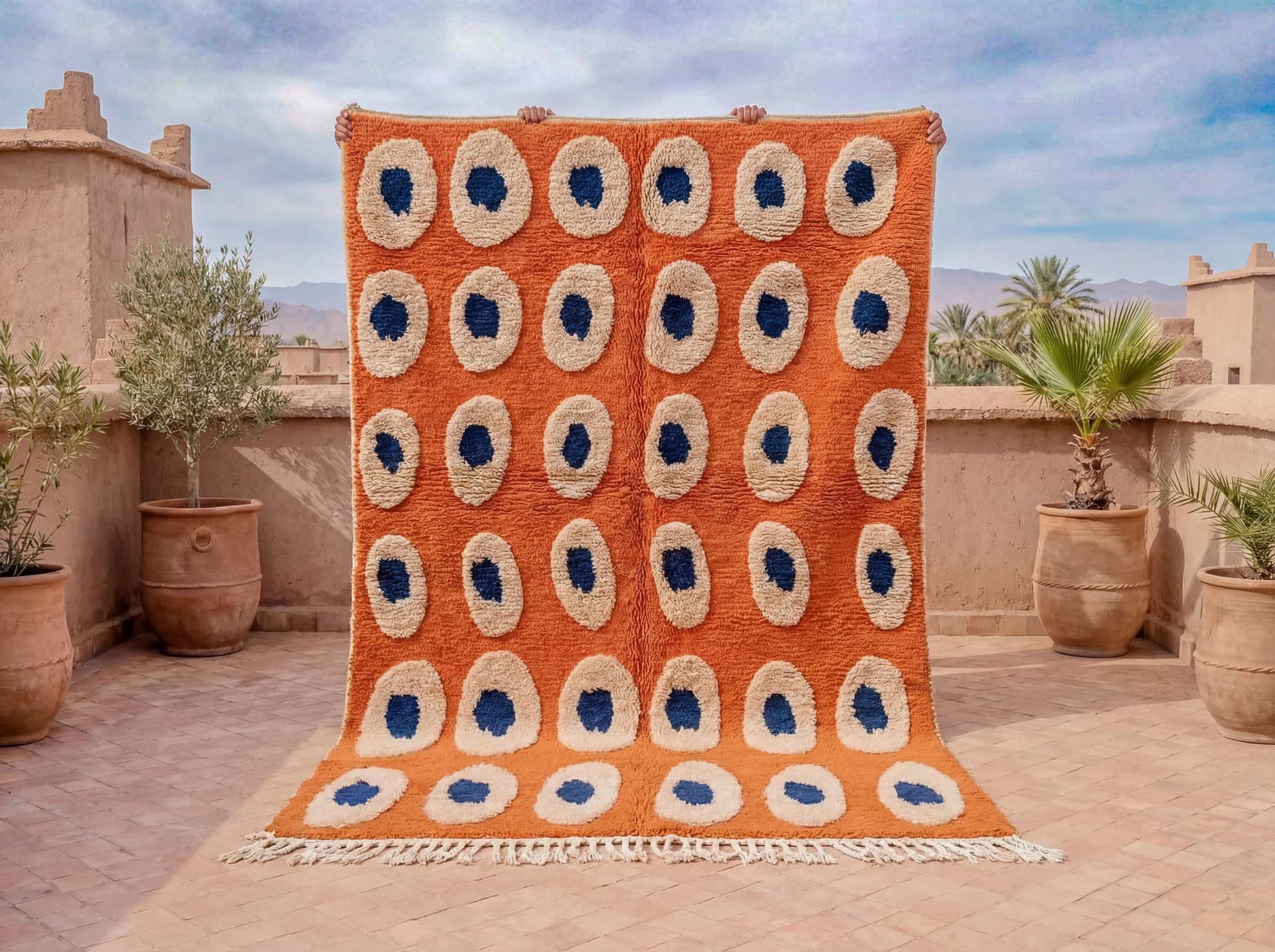 Orange and Blue Rug – Handmade Moroccan Beni Ourain Wool Rug with Abstract Pattern
